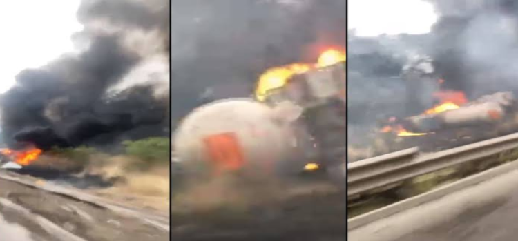 Pipa se vuelca e incendia en la autopista Siglo XXI, en Michoacán