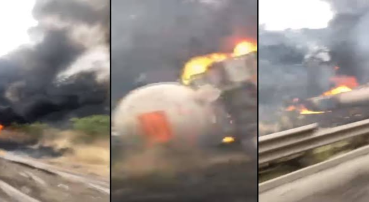 Pipa se vuelca e incendia en la autopista Siglo XXI, en Michoacán