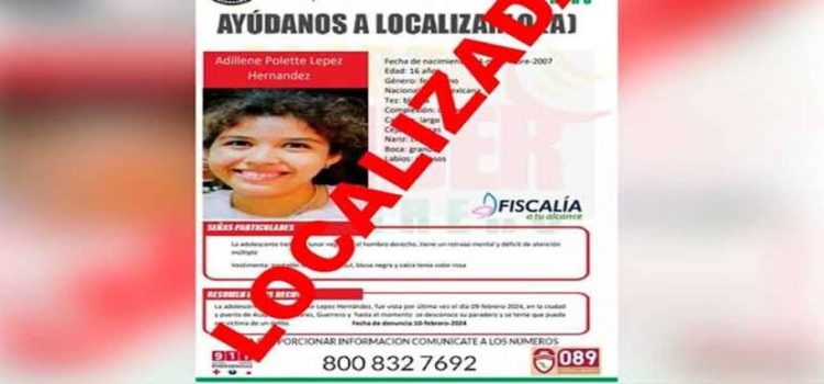 Localizan en Michoacán a menor desaparecida en Acapulco