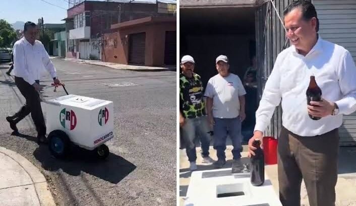 Dirigente del PRI en Morelia regala cervezas a albañiles